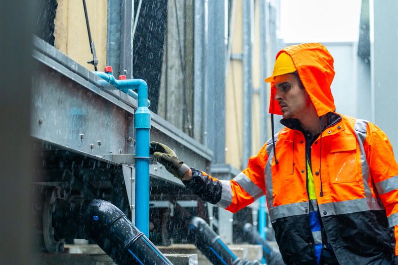 Industrial engineer maintenance pipeline valves air HVAC cooling systems at construction site in raining day. Male technician in safety uniform working and inspect building exterior plumbing systems.