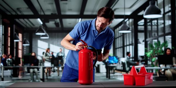 Man inspecting a fire extinguisher in an office setting.