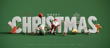 Festive Merry Christmas text with holiday decorations.