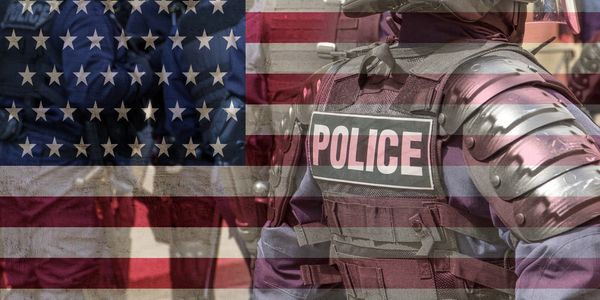 Police officer with American flag overlay.