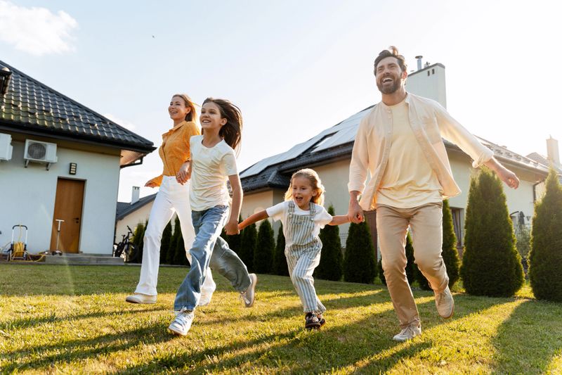 Cheerful parents running on the lawn with their two daughters in their house's backyard, enjoying a sunny day together near their home equipped with solar panels. Fun concept
