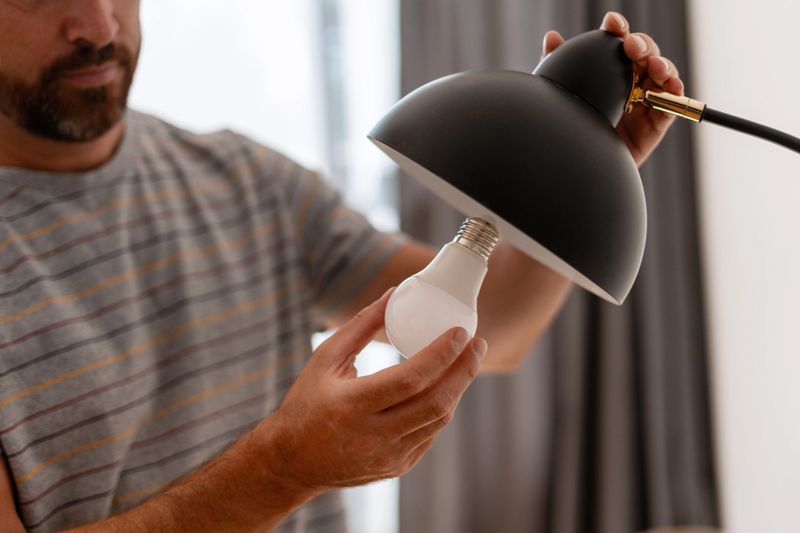 Close-up view of a man carefully installing an energy-efficient LED light bulb into a sleek black modern lamp, enhancing home lighting