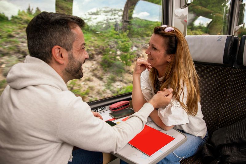 Friends enjoy train journey in European Alps