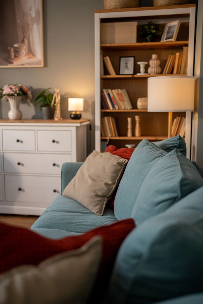 Comfortable sofa adorned with colorful cushions, surrounded by a bookcase filled with books, lamps, and decorative items, creating a warm and inviting living room ambiance