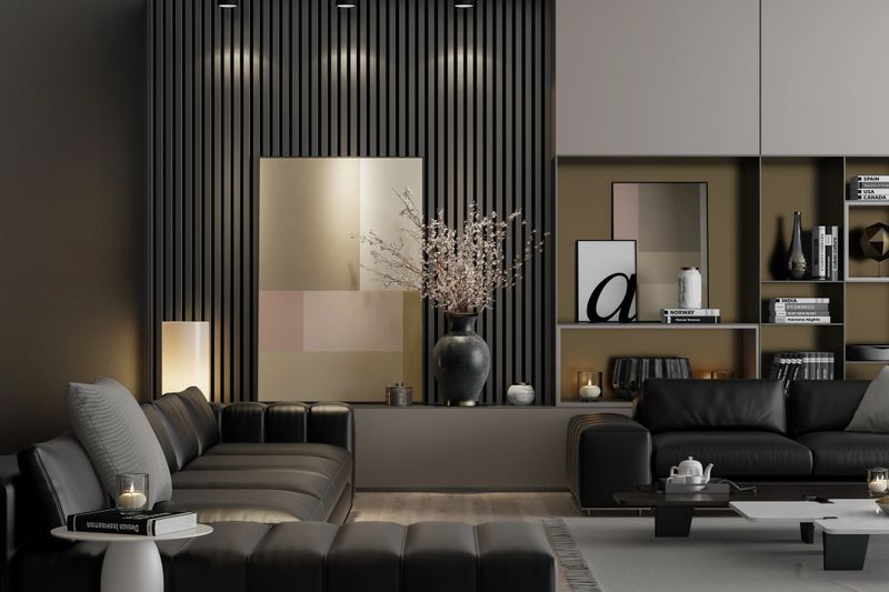 Contemporary living room interior featuring two black leather sofas with gray cushions, a matching ottoman, and minimalist coffee tables adorned with candles and decor. The built-in shelving unit in muted beige tones displays curated objects including books, vases, and geometric sculptures, while vertical black slats and ambient lighting add depth and warmth. This image is ideal for illustrating upscale residential design, modern furniture layouts, or lifestyle concepts in real estate listings, smart home apps, or interior design platforms.