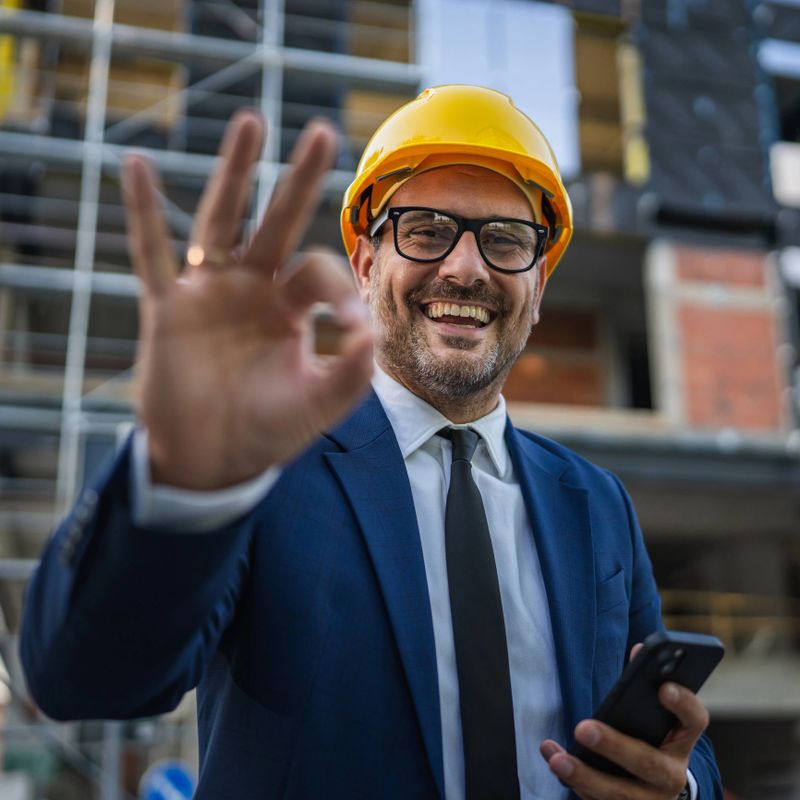 Happy architect wearing a suit and yellow helmet, signaling an okay sign while holding a smart phone, standing in front of a building under construction