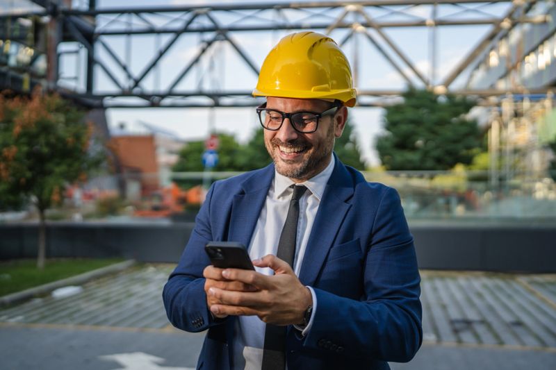 Happy engineer wearing suit and yellow helmet using smart phone on construction site, checking emails and messages, browsing internet, using mobile apps, smiling