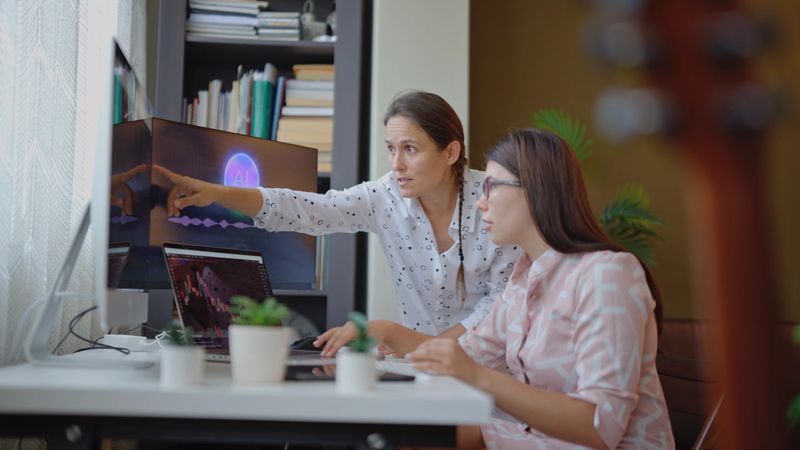 Woman financial advisor & woman stock trading investor analyzing graphs with artificial intelligence software on computer and laptop screens. Tele-finances & AI