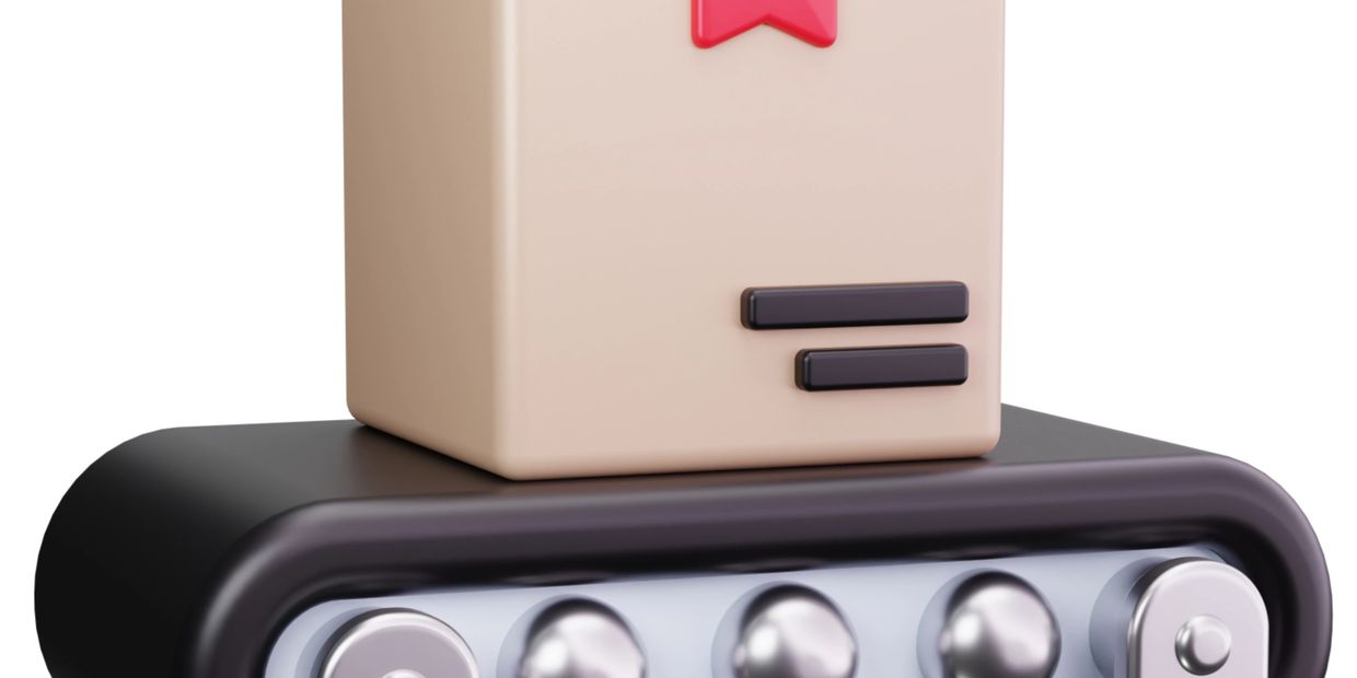 A 3D illustration of a package on a conveyor belt.