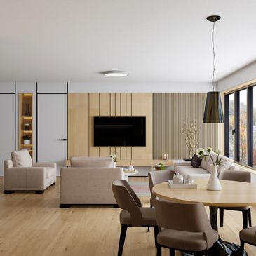 Modern living room with beige furniture, wooden accents, and large windows.