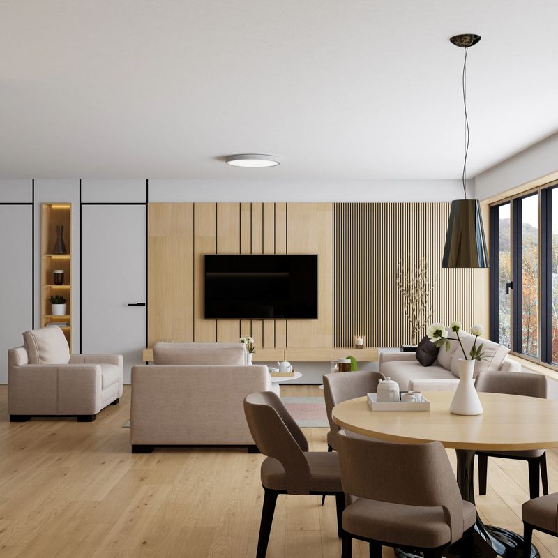 Elegant open-space apartment interior designed in modern Japandi style, featuring light pine wood flooring and wall paneling, minimalist furniture, and seamless integration of living, dining, and kitchen zones. The warm natural tones, clean lines, and large windows create a serene atmosphere ideal for showcasing architectural layouts, interior design variations, or lifestyle mockups across real estate platforms, smart home apps, and editorial content.