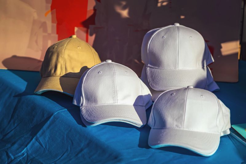 Plain baseball caps in white and beige are displayed on a blue surface under sunlight. Concept of fashion basics, casual style, and blank caps for customization