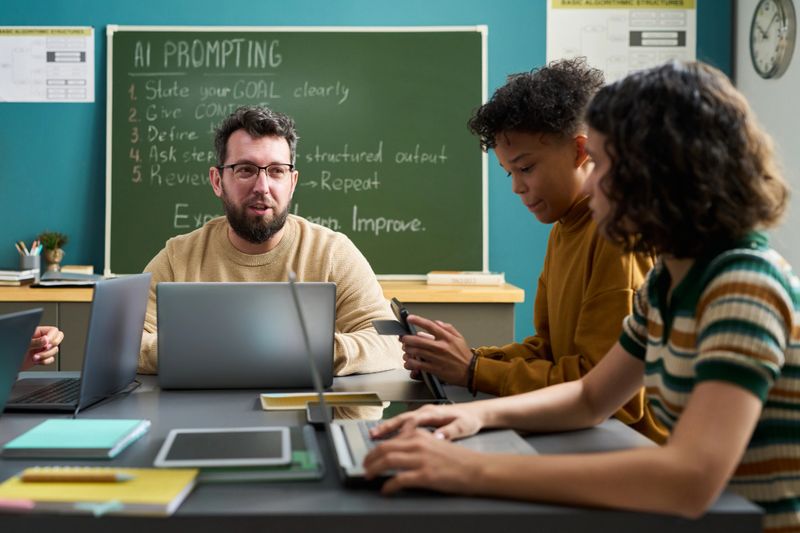 Caucasian young adult man explaining AI prompting to two multiethnic teenagers using laptops in classroom, students listening attentively and taking notes with digital devices