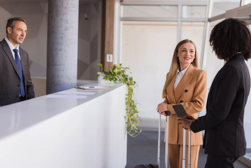 Two businesswomen are arriving at a hotel and talking to the receptionist