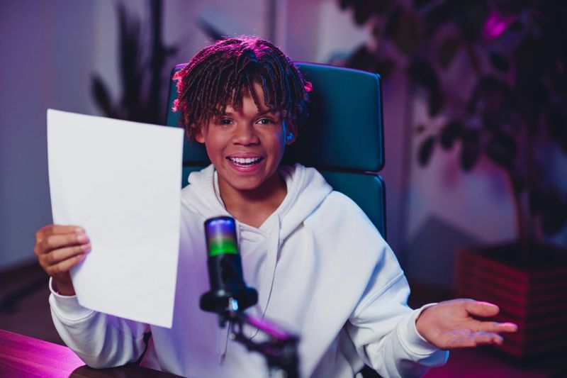 A young man in a hoodie holding paper while broadcasting and streaming online as a vlogger in a neon-lit home studio.