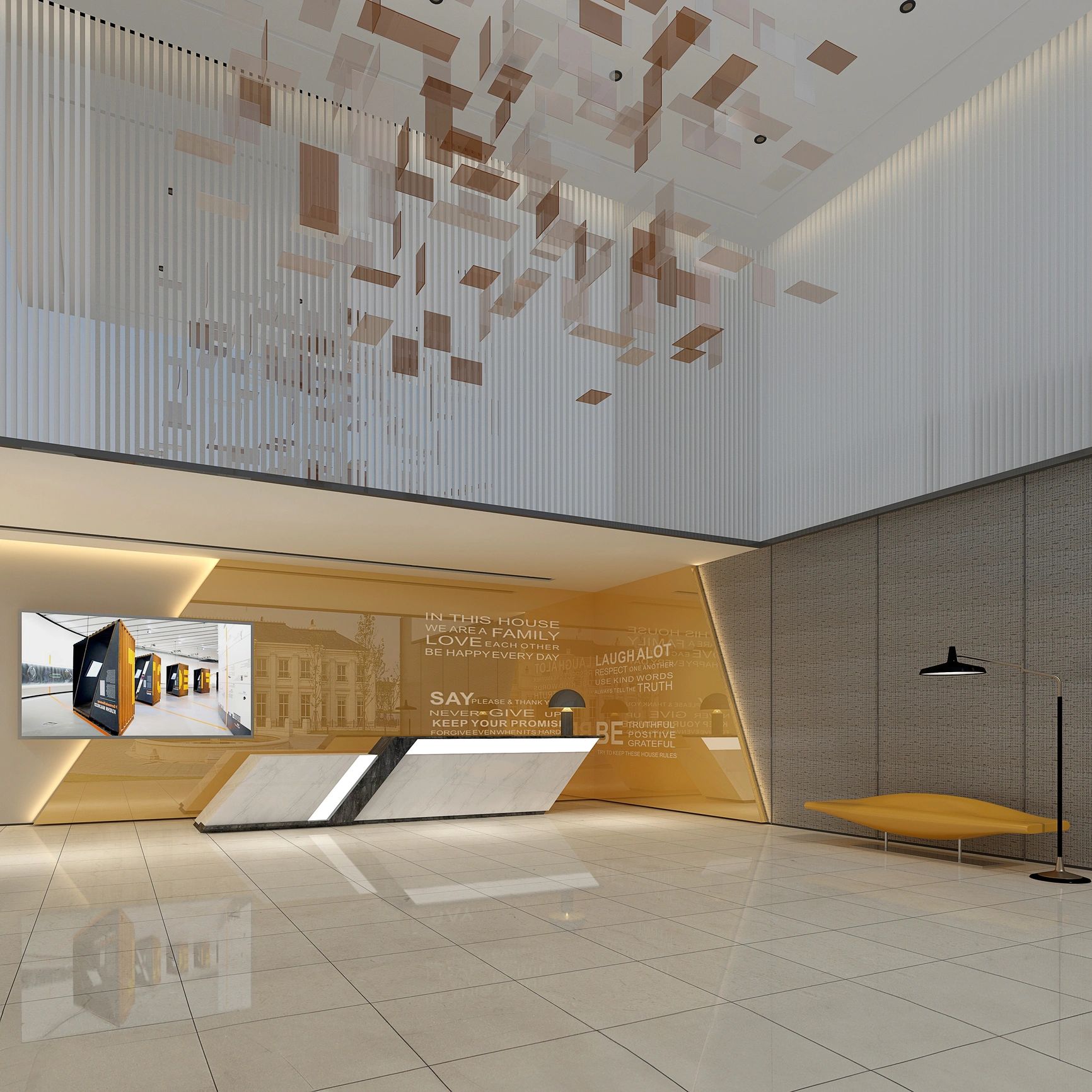 Modern lobby with geometric ceiling art and sleek reception desk.