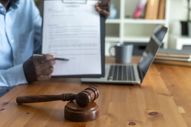 Legal professional discussing contract details with client, gavel symbolizing justice