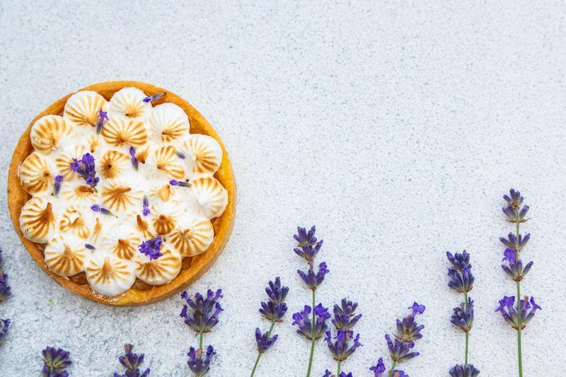 A delightful lavender tart sits elegantly on a light surface. The tart features a creamy topping with intricate designs and is garnished with fresh lavender flowers enhancing its visual appeal.