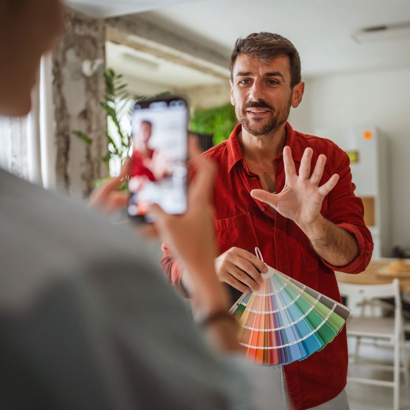 Man in a red shirt enthusiastically holding a color swatch palette while a person films him with a smart phone for a home renovation or interior design social media content
