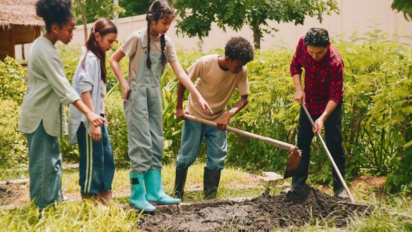 A group of children gardening together outdoors.