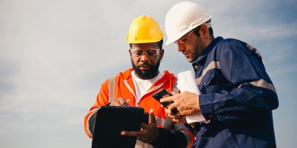 Two construction workers discussing over a clipboard and phone.