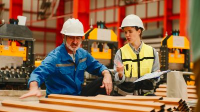 Two workers in safety gear inspecting wooden planks in a factory.