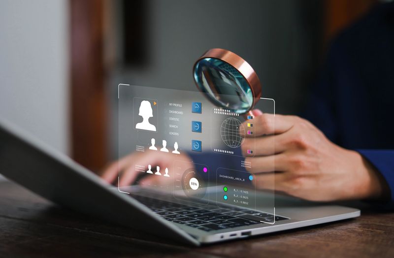 Businessman using magnifying glass to analyze digital profile data on laptop, representing cybersecurity, identity verification, personal information, big data analysis, and online technology.