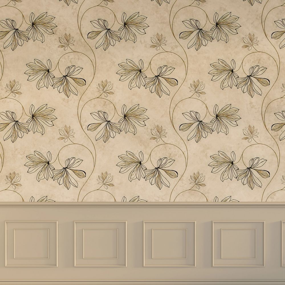 Elegant beige wallpaper with delicate floral line art and subtle gold accents.