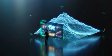 A diverse team collaborates in a modern office, discussing documents and working on laptops.