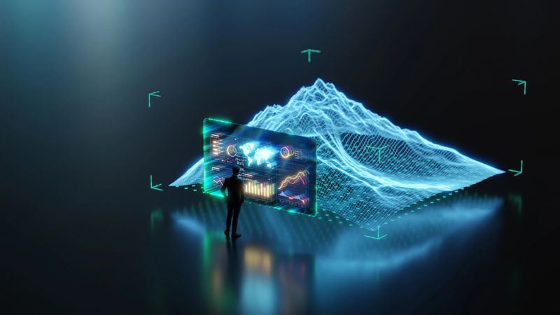 A futuristic scene of a business person interacting with a holographic screen showcasing real-time data and analytics.