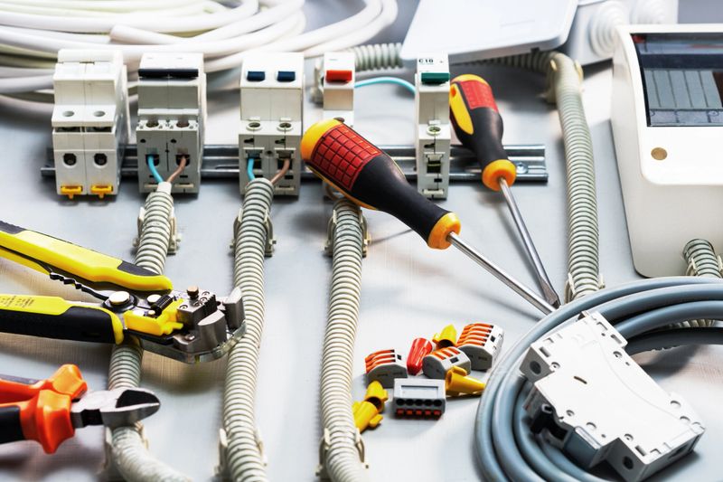 Different electrical equipment, wires and tools for repair electrical panel.