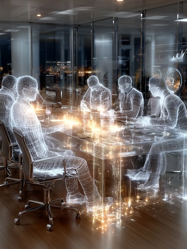Holographic figures collaborate around a futuristic digital conference table with data displays.