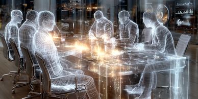 Futuristic holographic business meeting with digital avatars and data projections.
