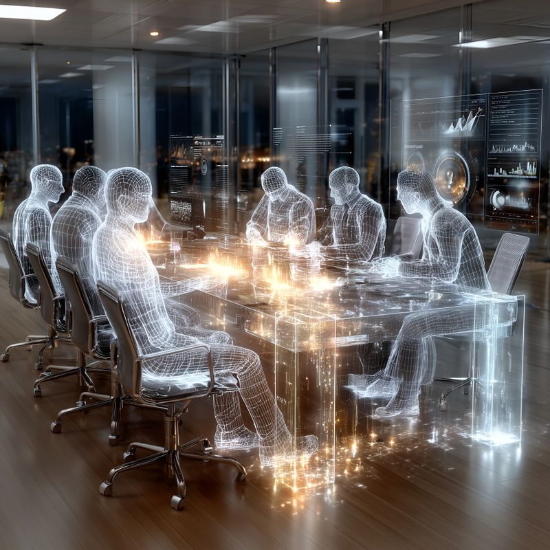 A group of holographic avatars gathers around a glowing digital conference table inside a futuristic smart office. The scene represents advanced virtual collaboration, digital workplaces, and immersive holographic communication technologies. AI-generated.