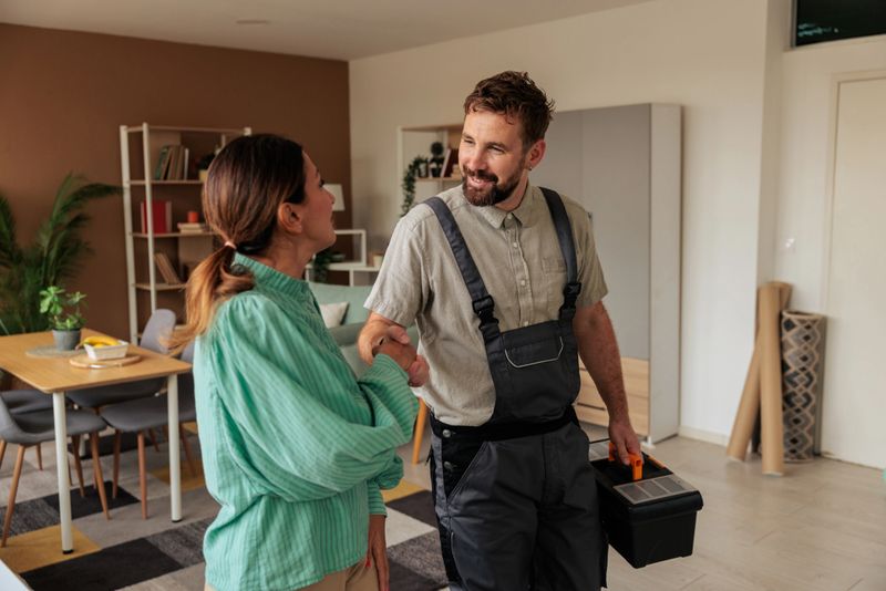 Woman shakes hands with a handyman in work overalls, expressing gratitude and complimenting him on a job well done.