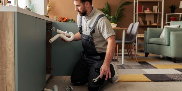 A plumber fixing pipes under a kitchen sink with tools.