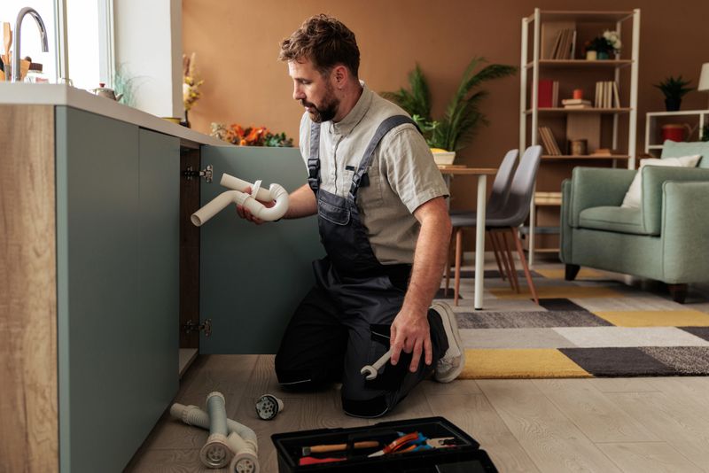 Handyman in work overalls kneels under the kitchen sink, toolbox nearby, actively working on a pipe part to repair the sink.