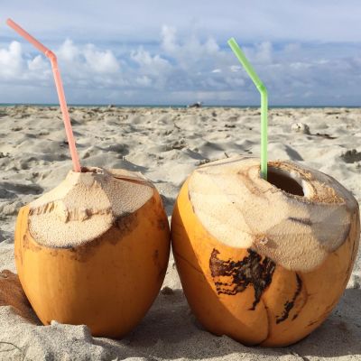 Two coconuts with straws on a sandy beach.