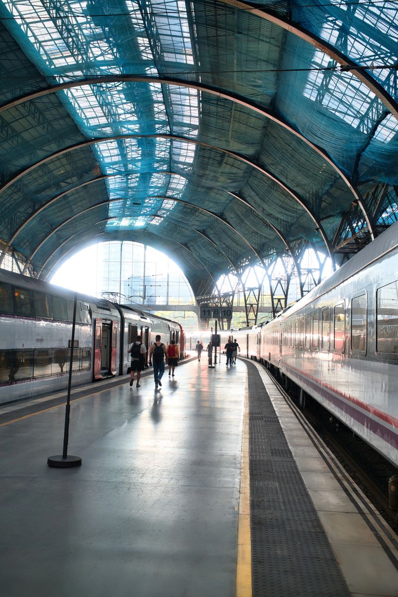 Passengers walk along the platform at Estació de França in Barcelona, Spain, on a morning commute. The historic station, with its grand architecture, serves as a major transportation hub, showcasing urban lifestyle, travel, and daily commuting.
