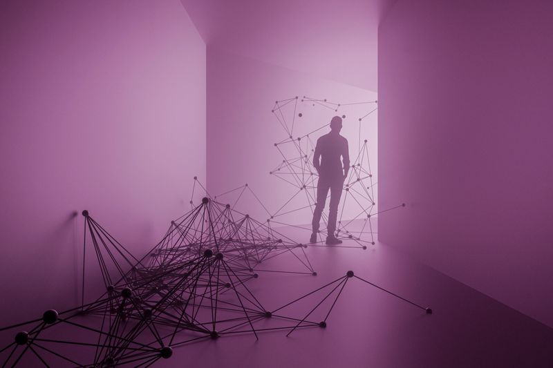 Young man entangled in complex data. 3D generated image.