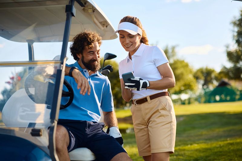 Happy golfers using app on cell phone while playing golf on the course.