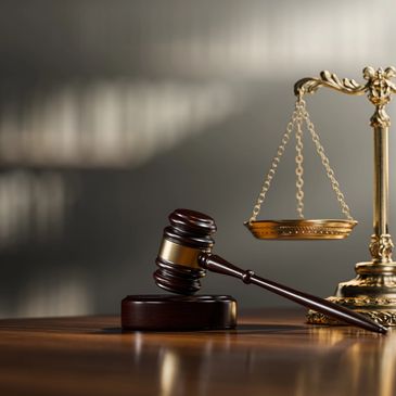 A judge's gavel rests beside a golden justice scale on a wooden table.