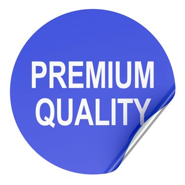 Blue circular sticker with 'PREMIUM QUALITY' text and peeled corner.