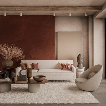 Modern living room with beige and brown tones and stylish furniture.