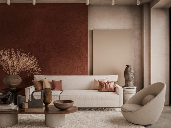 Elegant living room with neutral tones and modern decor.