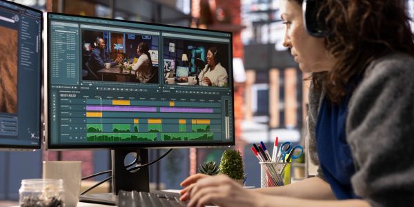 Person editing video on computer.