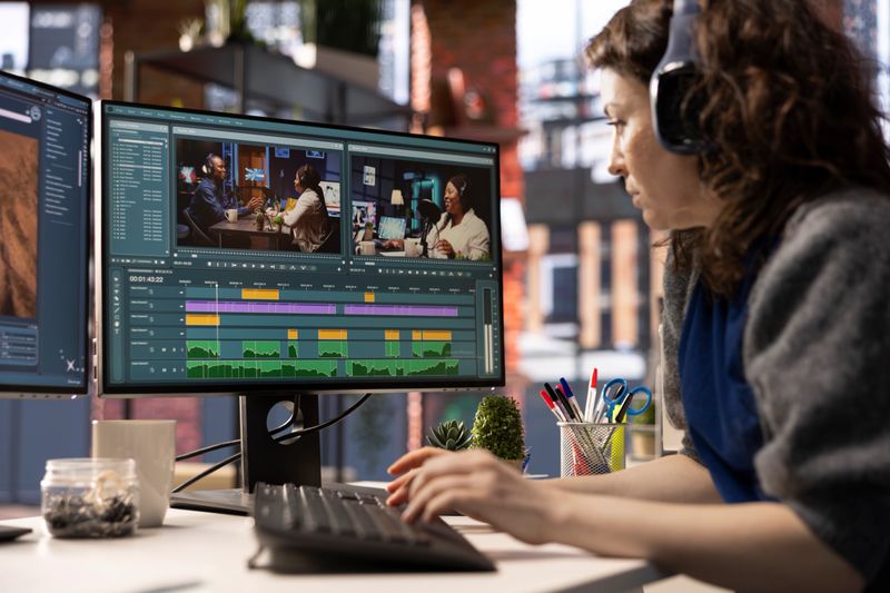 Woman video creator working on editing a movie montage project, multitasking with dual monitors. Female footage editor starting the cinematic creative process, film editing industry.