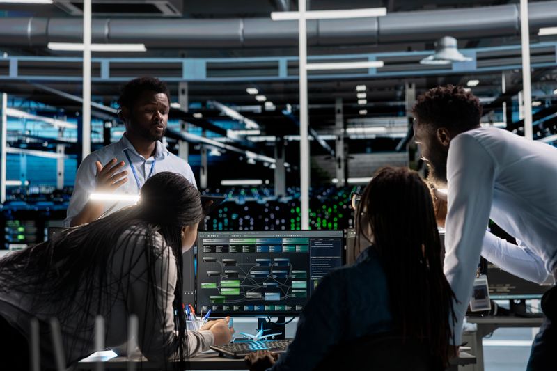 Data center engineering team using PC to visualize artificial intelligence neural networks made up of interconnected nodes. Teamworking server farm colleagues oversee AI systems processing information