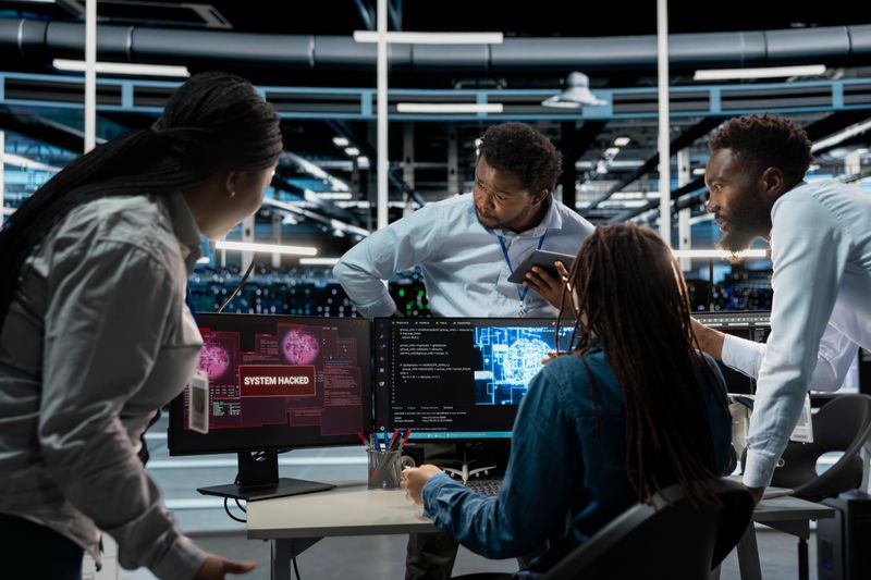 Engineering team in AI server hub work together to defend against hacker attack stealing sensitive data. Artificial intelligence data center teamworking colleagues fight virus during security breach