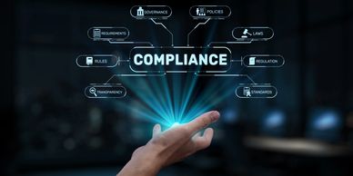 Hand presenting compliance concept with interconnected elements.